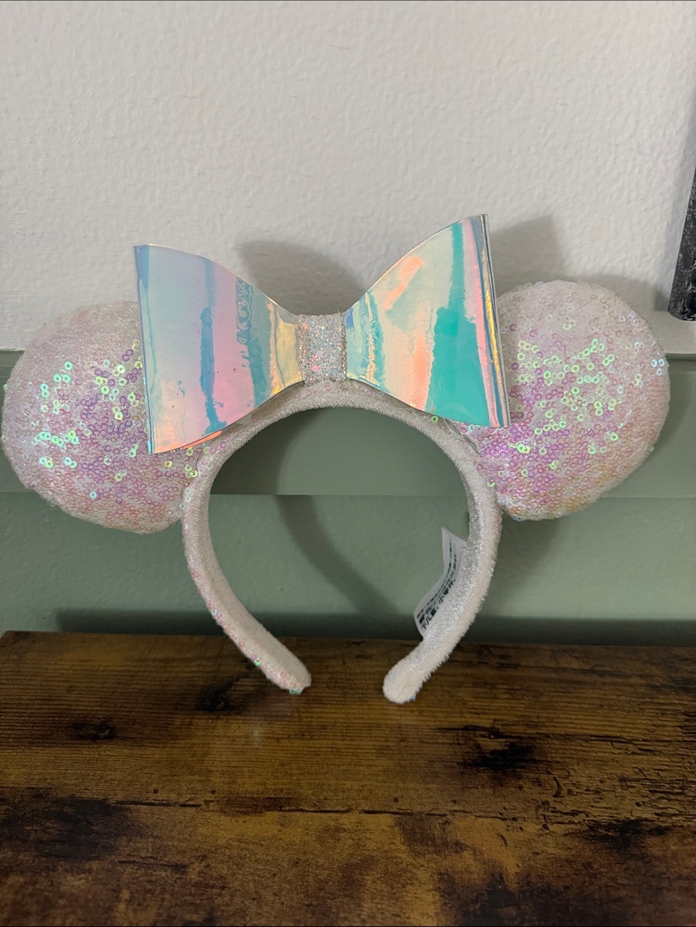 Disney Iridescent Sequin Minnie Ears Headband - Pink and Aqua Bow